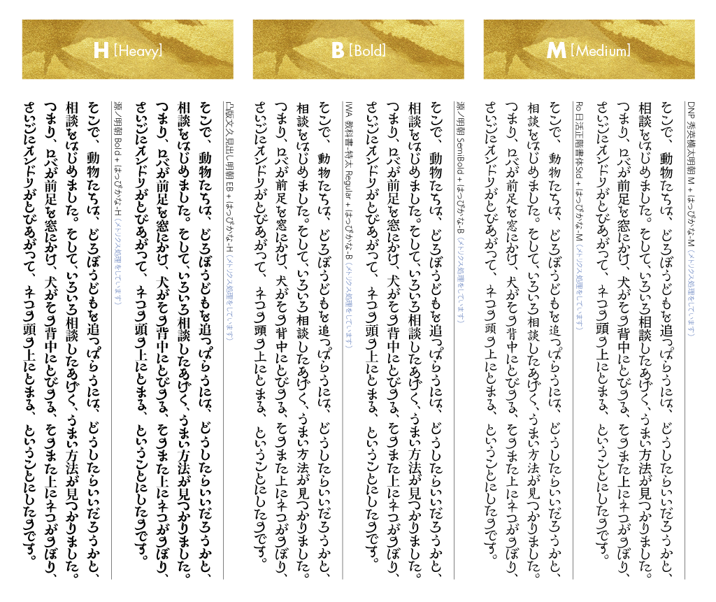 はっぴかなファミリーの組見本：推奨組み合わせ書体（3ウェイト縦組み）