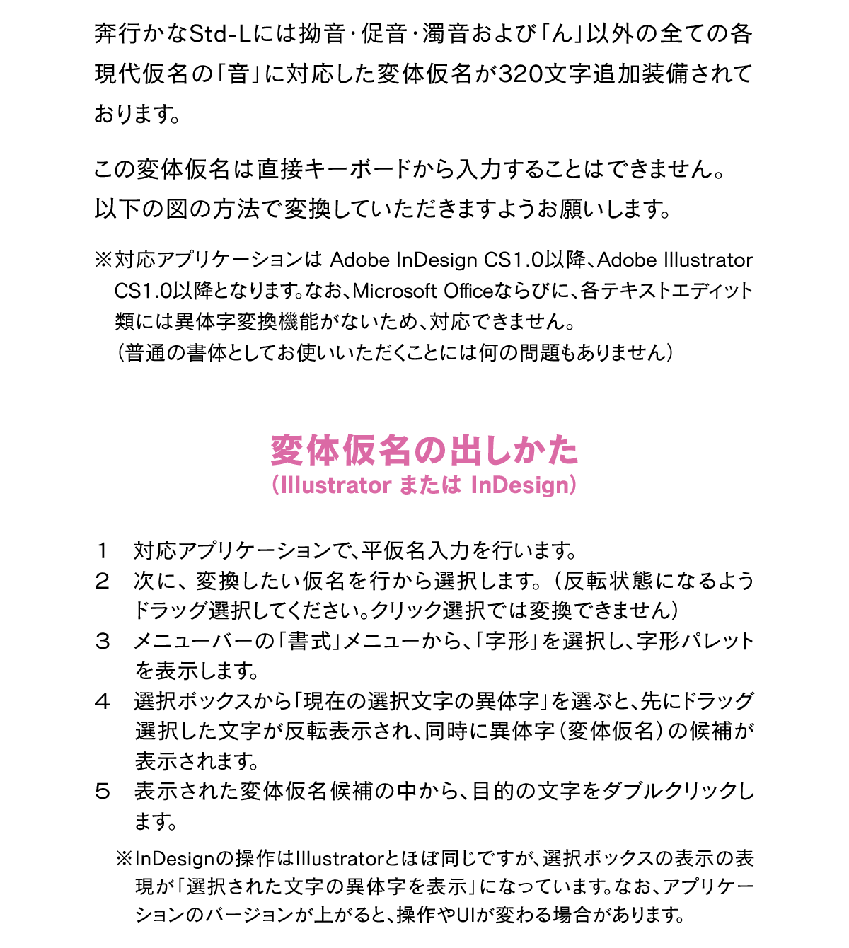 奔行かなStd-Lの変体仮名の出しかた 説明文