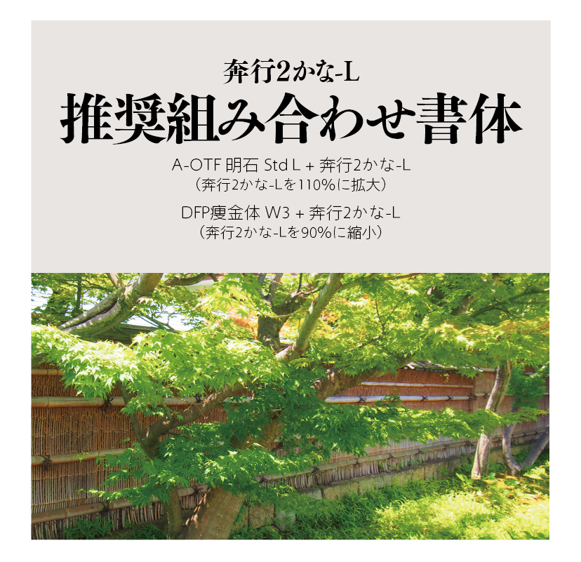 奔行2かな-Lの組見本 推奨組み合わせ書体横組みタイトルとイメージ写真