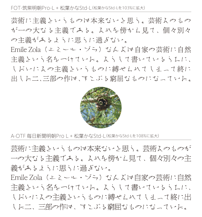 松葉かなStd-Lの組見本 FOT-筑紫明朝Pro-L・モリサワ毎日新聞明朝Pro Lとの組み合わせ