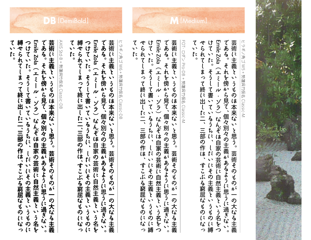 勢蓮呉竹仮名Classicファミリーの組見本：推奨組み合わせ書体（9種類縦組み組見本の紹介）