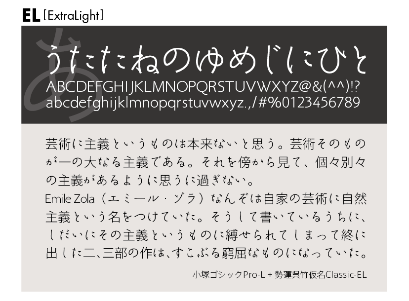 勢蓮呉竹仮名Classicファミリーの組見本 勢蓮呉竹仮名Classic EL（エクストラライト）