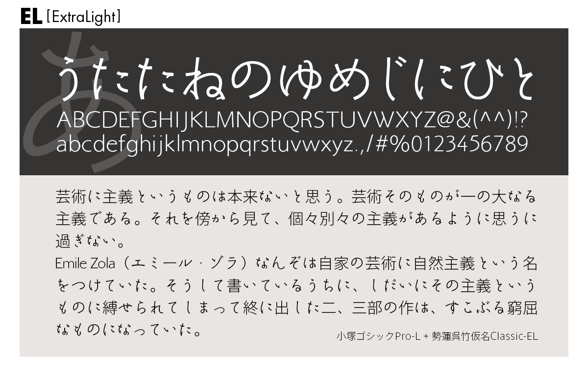 勢蓮呉竹仮名Classicファミリーの組見本 勢蓮呉竹仮名Classic EL（エクストラライト）