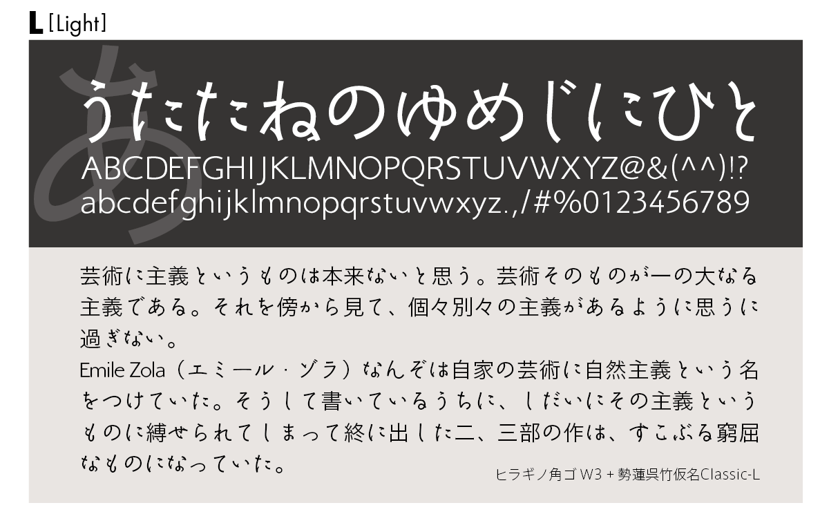 勢蓮呉竹仮名Classicファミリーの組見本 勢蓮呉竹仮名Classic L（ライト）