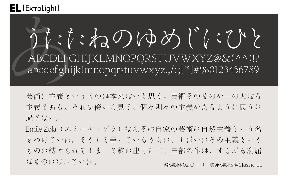 勢蓮明朝仮名Classicファミリーの組見本 勢蓮明朝仮名Classic EL（エクストラライト）