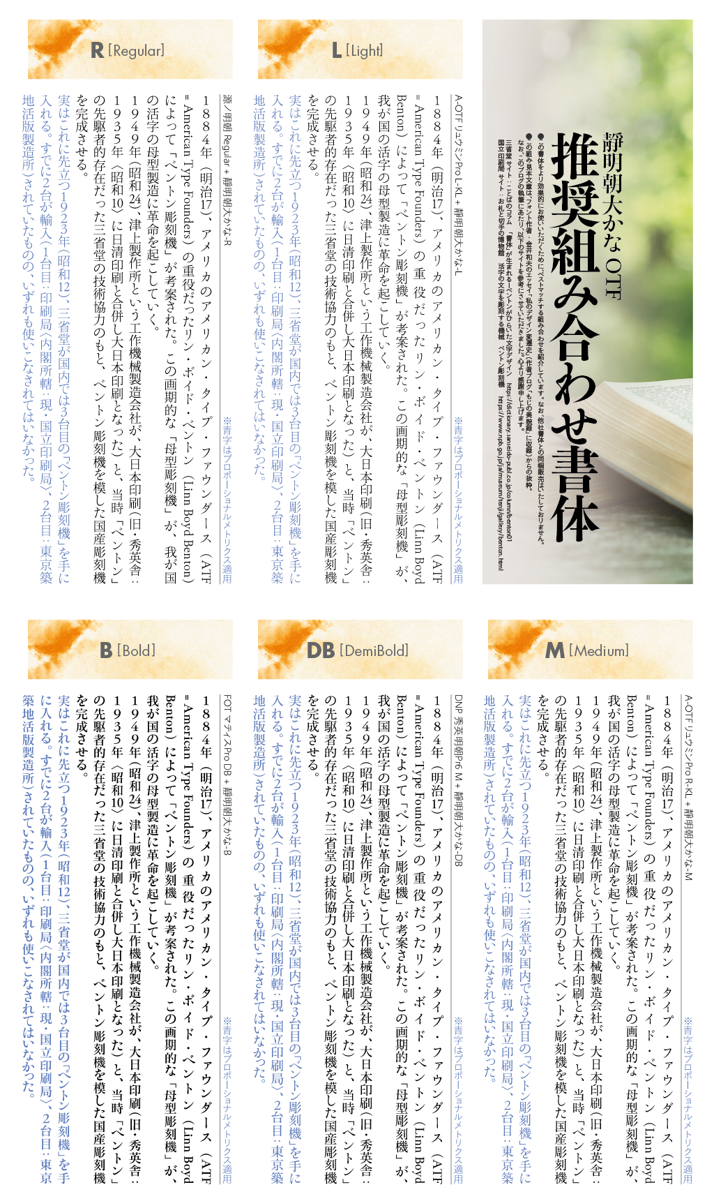 靜明朝大かなファミリーの組見本：推奨組み合わせ書体（5ウェイト縦組み）