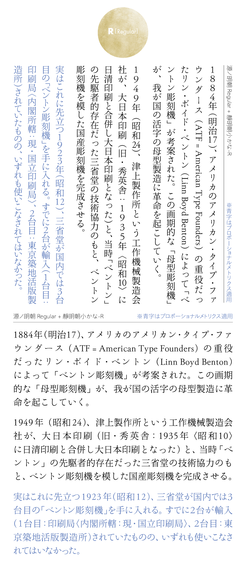 靜明朝小かなファミリーの組見本：推奨組み合わせ書体（R［レギュラー］横組み・縦組み）